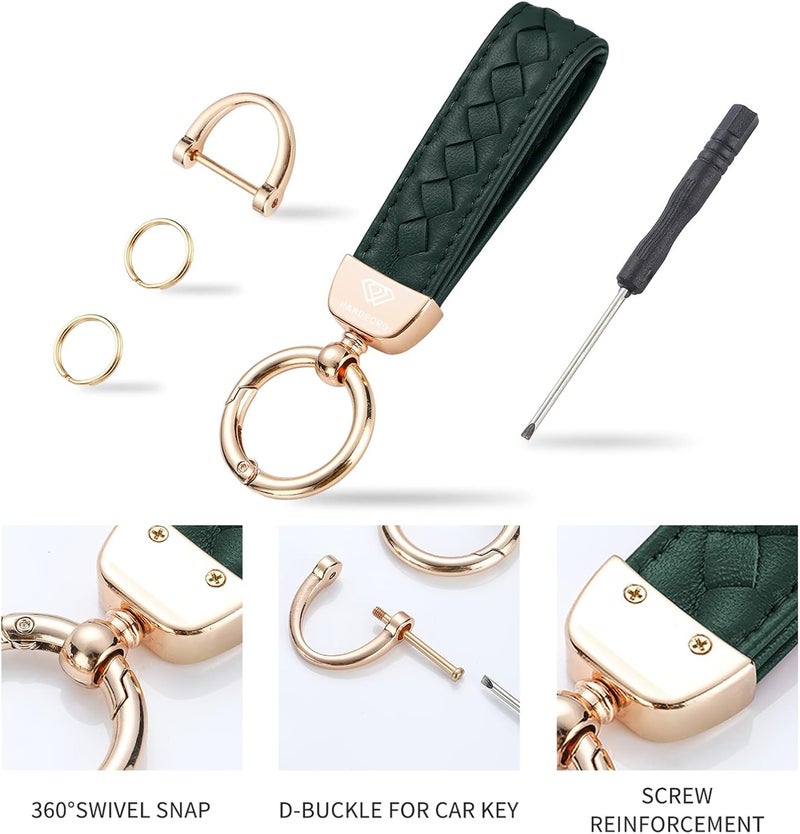 Hamdecro Store Genuine Leather Keychains, Handmade Knit Sheepskin Car Key chains for Women, Universal Key Fob Holder with 360 Degree Rotatable, Anti-Lost D-Ring, 2 Keyrings and 1 Screwdriver – Green - Image 3